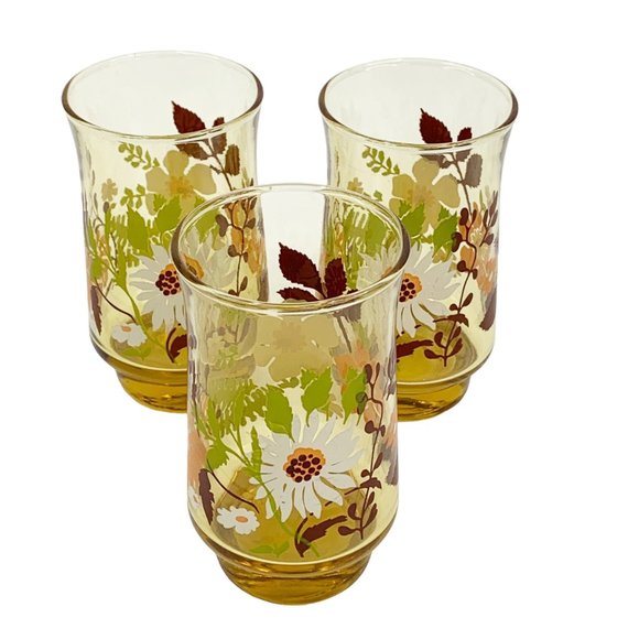 3 Vintage Amber Juice Glass 4" Drink Drinking 6 oz Floral White Flower Retro MCM - Picture 8 of 8